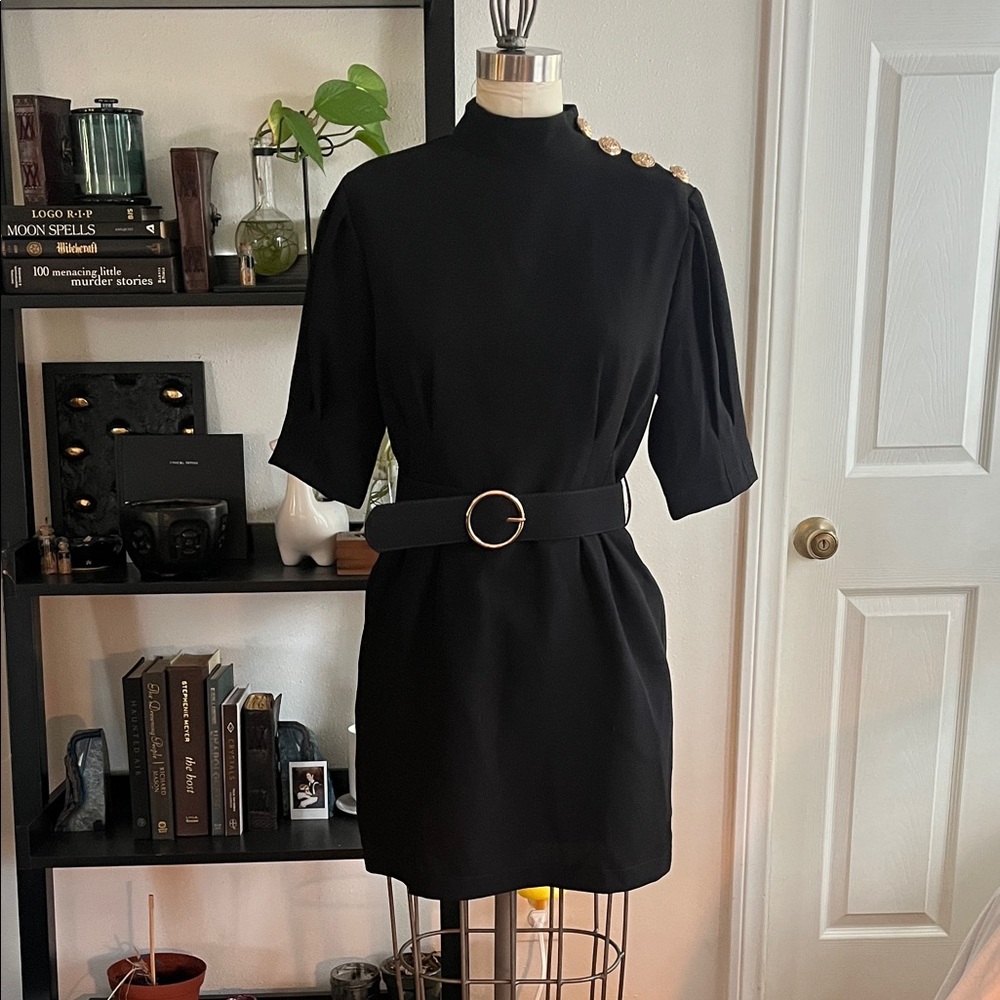 Forever 21 Black Retro Mini Dress with Gold Buttons and belt, pleated, mockneck